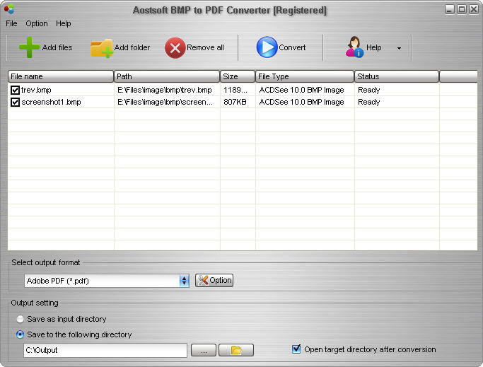 Screenshot of Aostsoft BMP to PDF Converter