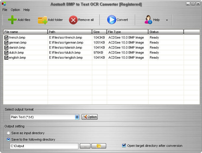 Screenshot of Aostsoft BMP to Text OCR Converter
