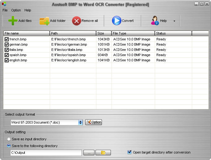 Screenshot of Aostsoft BMP to Word OCR Converter 3.8.3