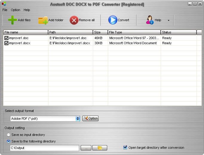 Screenshot of Aostsoft DOC DOCX to PDF Converter