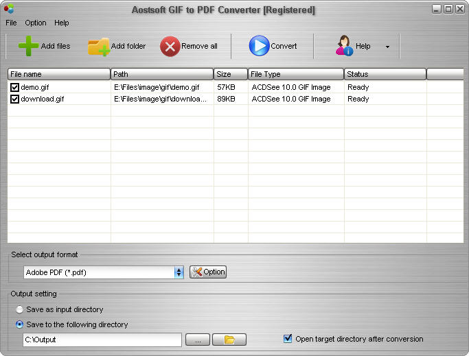 Screenshot of Aostsoft GIF to PDF Converter