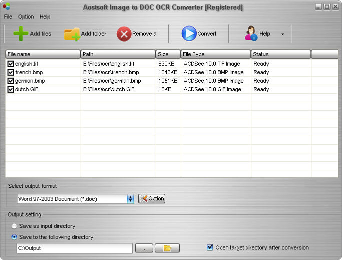 Screenshot of Aostsoft Image to DOC OCR Converter