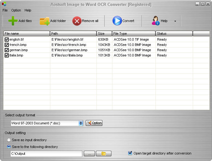 Screenshot of Aostsoft Image to Word OCR Converter 3.8.3