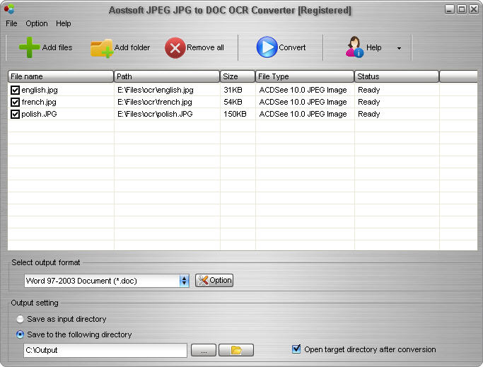 Screenshot of Aostsoft JPEG JPG to DOC OCR Converter 3.8.3