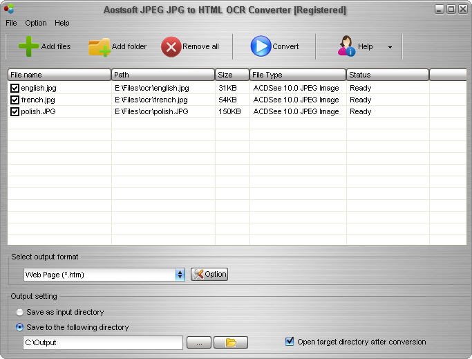 Screenshot of Aostsoft JPEG JPG to HTML OCR Converter