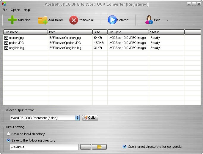 Screenshot of Aostsoft JPEG JPG to Word OCR Converter