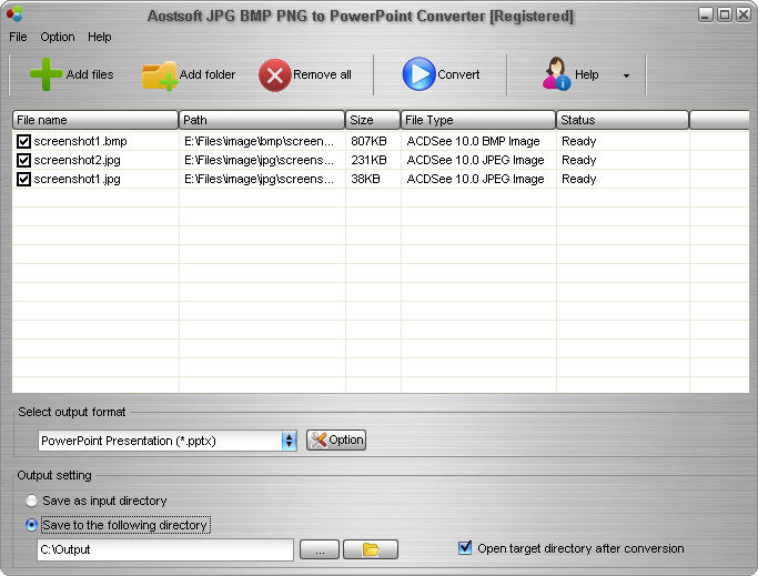 Windows 7 Aostsoft JPG BMP PNG to PowerPoint Converter 4.0.2 full