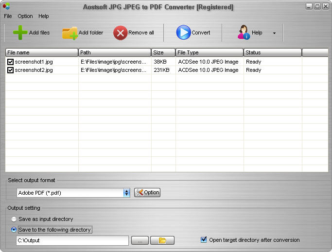Screenshot of Aostsoft JPG JPEG to PDF Converter