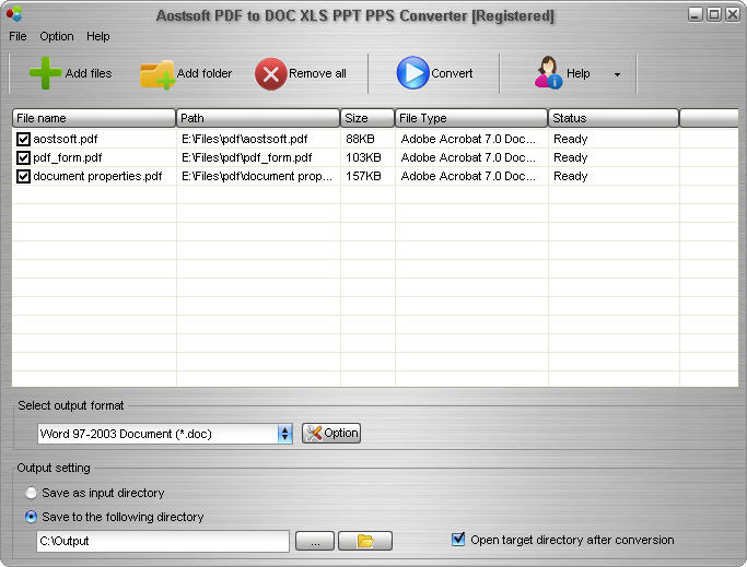 Screenshot of Aostsoft PDF to DOC XLS PPT PPS Converter