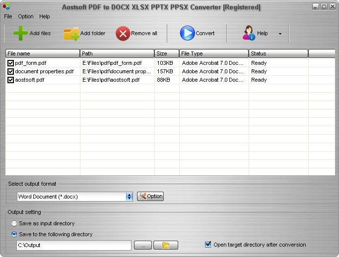 Screenshot of Aostsoft PDF to DOCX XLSX PPTX PPSX Converter 3.8.4