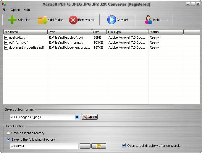 Screenshot of Aostsoft PDF to JPEG JPG JP2 J2K Converter