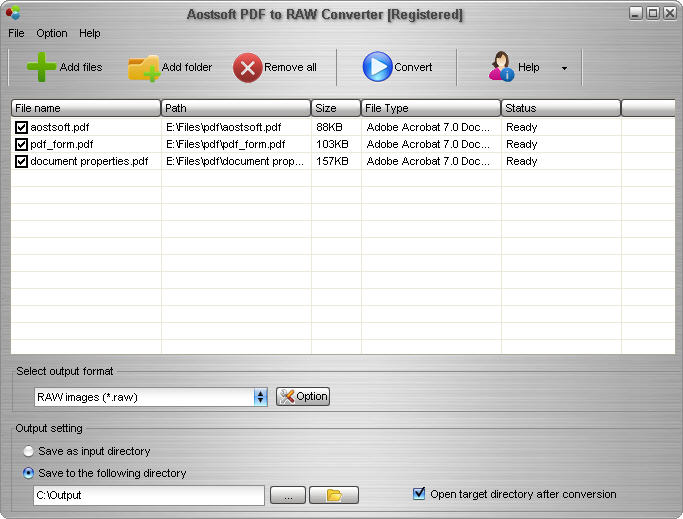 Screenshot of Aostsoft PDF to RAW Converter