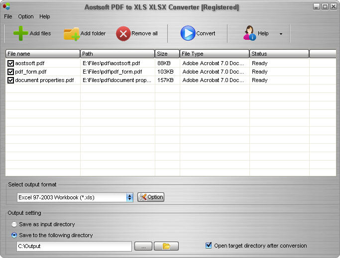 Screenshot of Aostsoft PDF to XLS XLSX Converter