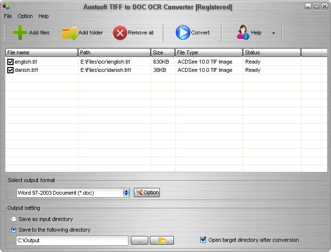 Screenshot of Aostsoft TIFF to DOC OCR Converter 3.8.3