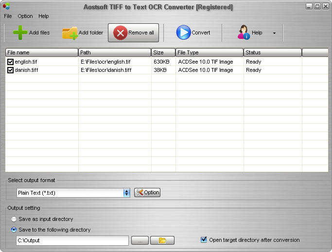 Screenshot of Aostsoft TIFF to Text OCR Converter