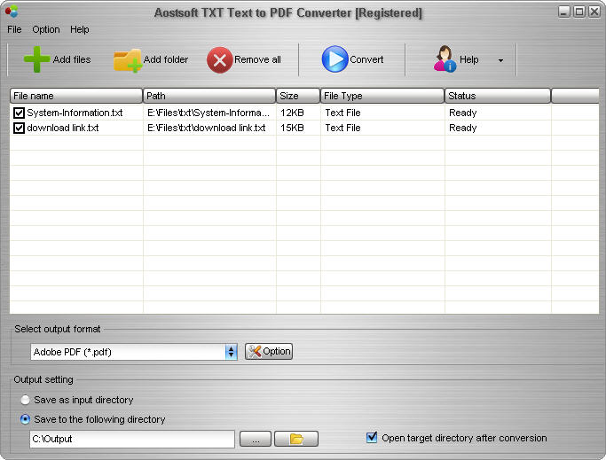 Screenshot of Aostsoft TXT Text to PDF Converter