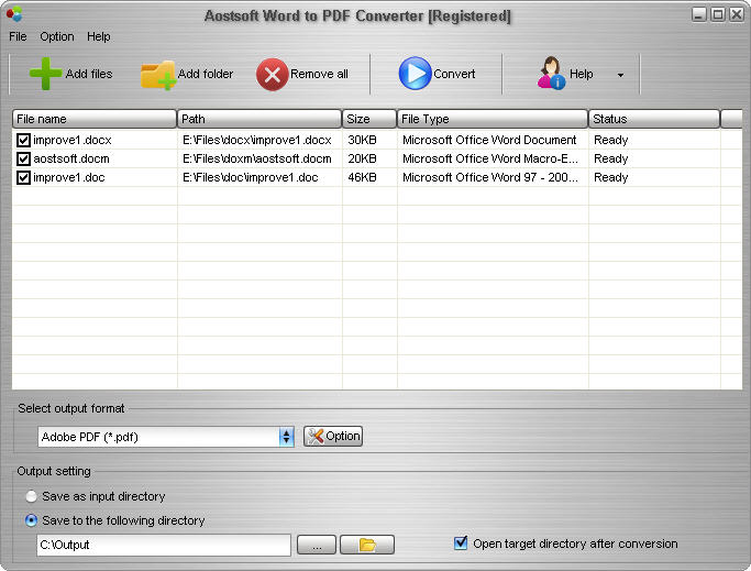 Screenshot of Aostsoft Word to PDF Converter 3.8.4