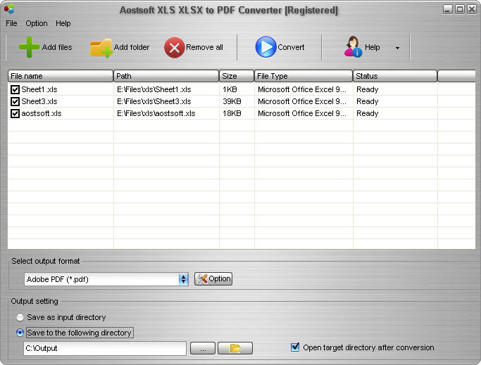 Screenshot of Aostsoft XLS XLSX to PDF Converter