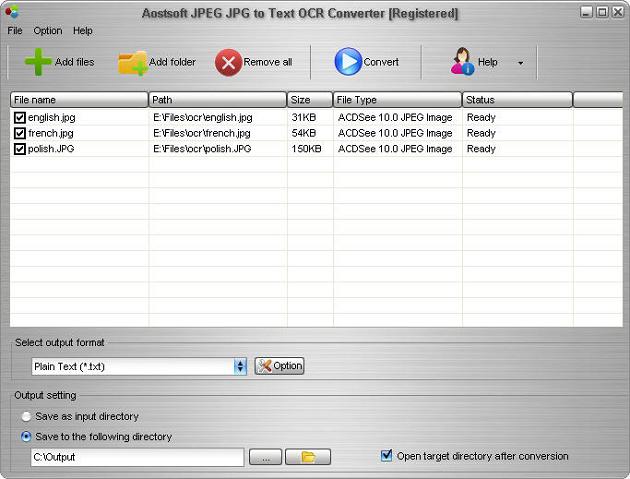 Aostsoft JPEG JPG to Text OCR Converter
